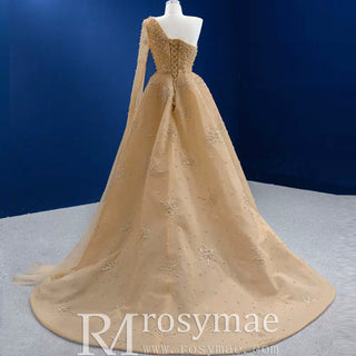 Gold Leg Slit Evening Dress One-Shoulder Long Sleeve - Rosymae