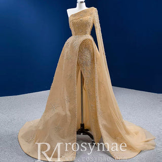 Gold Leg Slit Evening Dress One-Shoulder Long Sleeve - Rosymae