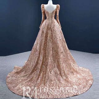 Gold Mermaid Luxury Long Sleeve Evening Dresses Gown Leg Slit - Rosymae