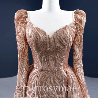 Gold Mermaid Luxury Long Sleeve Evening Dresses Gown Leg Slit - Rosymae