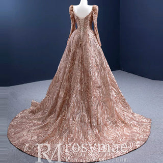 Gold Mermaid Luxury Long Sleeve Evening Dresses Gown Leg Slit - Rosymae