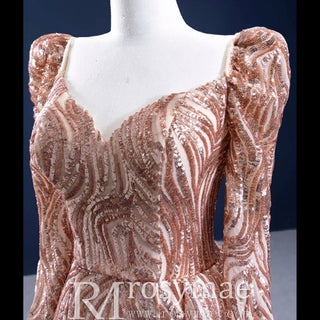 Gold Mermaid Luxury Long Sleeve Evening Dresses Gown Leg Slit - Rosymae