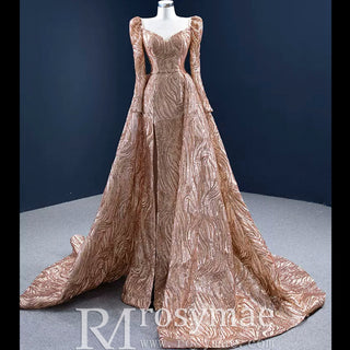 Gold Mermaid Luxury Long Sleeve Evening Dresses Gown Leg Slit - Rosymae