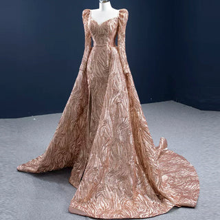 Gold Mermaid Luxury Long Sleeve Evening Dresses Gown Leg Slit - Rosymae