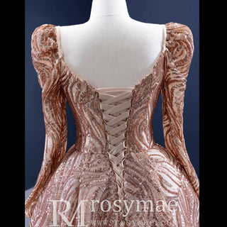 Gold Mermaid Luxury Long Sleeve Evening Dresses Gown Leg Slit - Rosymae