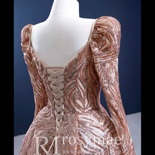 Gold Mermaid Luxury Long Sleeve Evening Dresses Gown Leg Slit - Rosymae