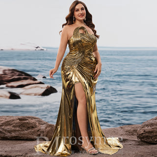 Plus Size Gold Maxi Evening Dress Mermaid Wedding Party Night Elegant Gown