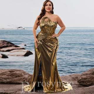 Plus Size Gold Maxi Evening Dress Mermaid Wedding Party Night Elegant Gown