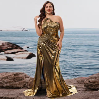 Plus Size Gold Maxi Evening Dress Mermaid Wedding Party Night Elegant Gown