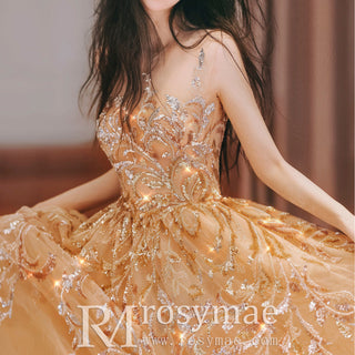 Gold Sequin Sparkly Formal Dress A-line Long Junior & Senior Prom Gowns