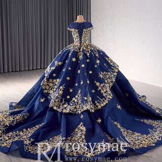 Gold Star Ruffle Wedding Dress with Cap Sleeve Quinceanera Gown - Rosymae