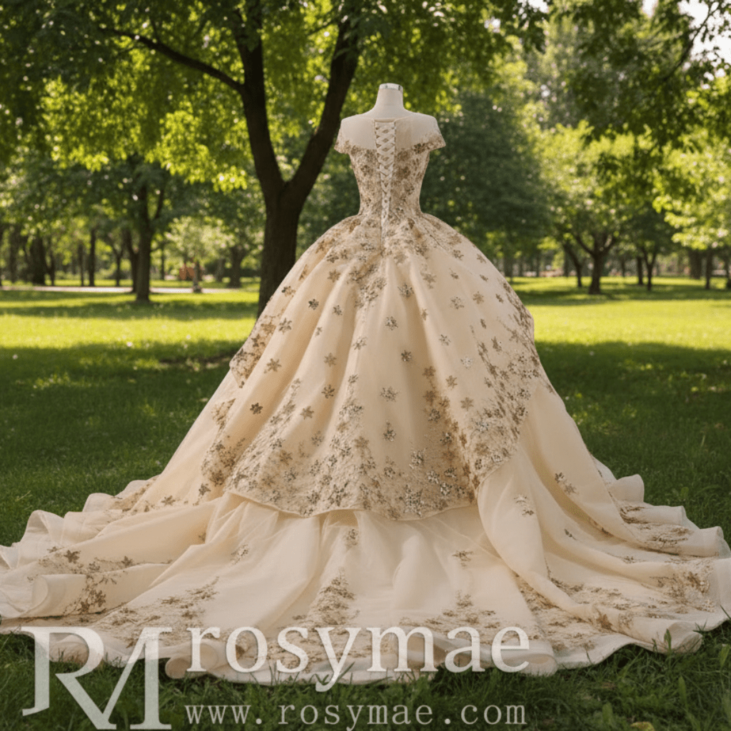 Gold Star Ruffle Wedding Dress with Cap Sleeve Quinceanera Gown - Rosymae