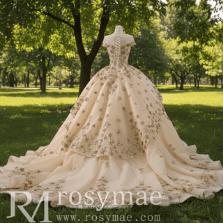 Gold Star Ruffle Wedding Dress with Cap Sleeve Quinceanera Gown - Rosymae