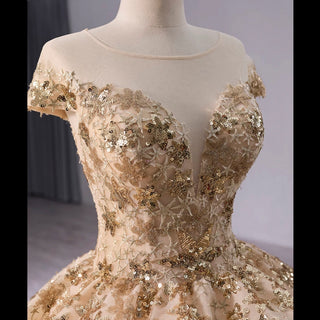 Gold Star Ruffle Wedding Dress with Cap Sleeve Quinceanera Gown - Rosymae