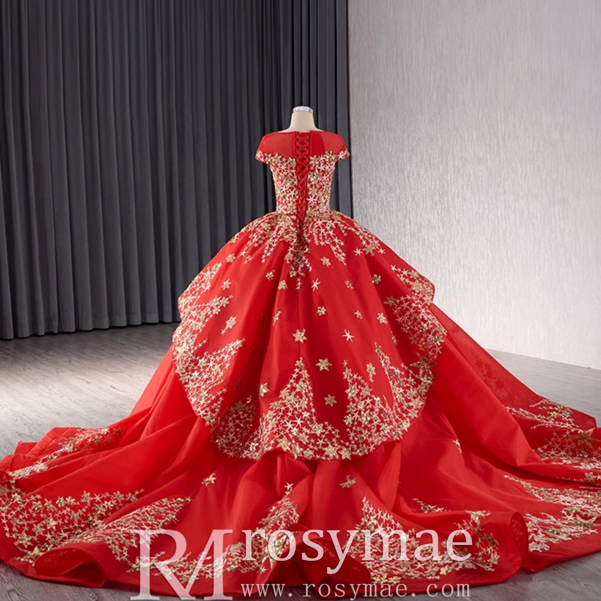 Gold Star Ruffle Wedding Dress with Cap Sleeve Quinceanera Gown - Rosymae