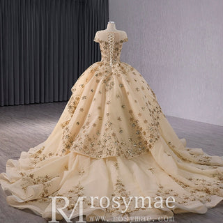 Gold Star Ruffle Wedding Dress with Cap Sleeve Quinceanera Gown - Rosymae