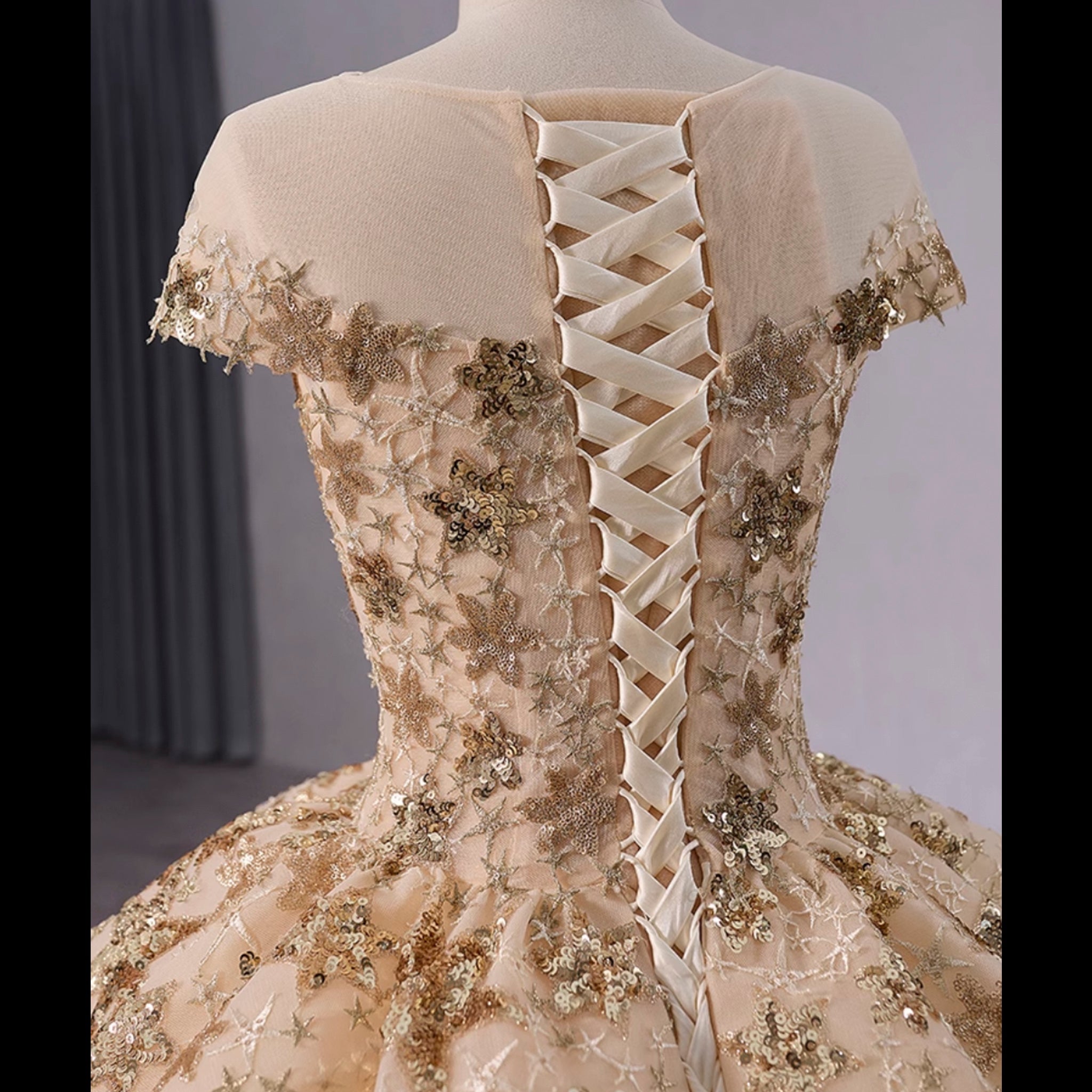 Gold Star Ruffle Wedding Dress with Cap Sleeve Quinceanera Gown - Rosymae