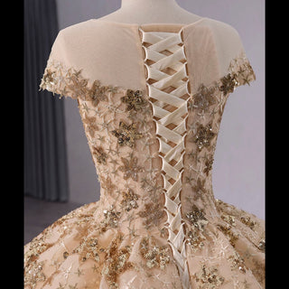 Gold Star Ruffle Wedding Dress with Cap Sleeve Quinceanera Gown - Rosymae