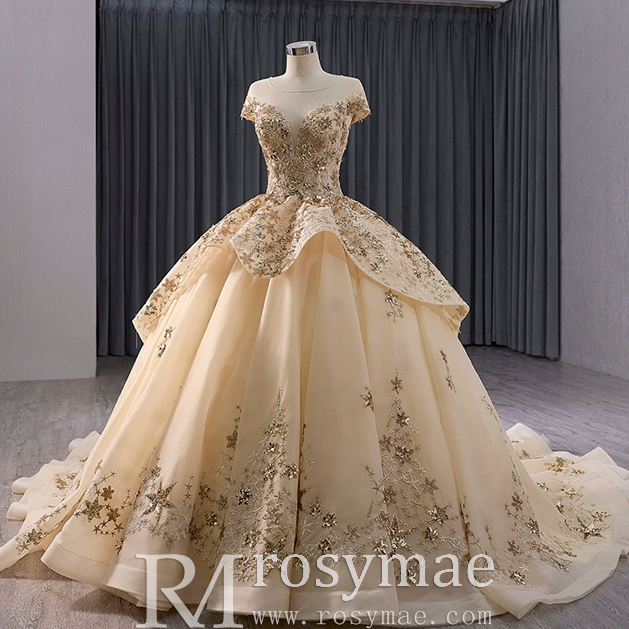 Gold Star Ruffle Wedding Dress with Cap Sleeve Quinceanera Gown - Rosymae