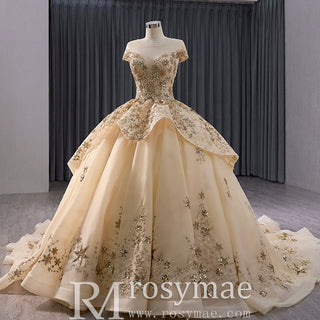 Gold Star Ruffle Wedding Dress with Cap Sleeve Quinceanera Gown - Rosymae