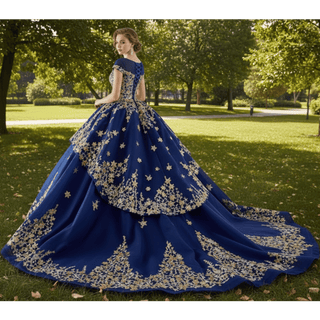 Gold Star Ruffle Wedding Dress with Cap Sleeve Quinceanera Gown - Rosymae