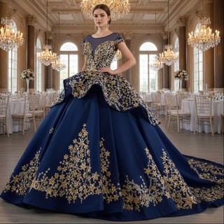 Gold Star Ruffle Wedding Dress with Cap Sleeve Quinceanera Gown - Rosymae
