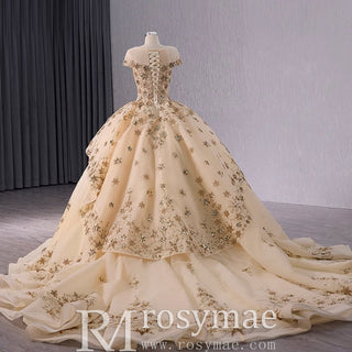 Gold Star Ruffle Wedding Dress with Cap Sleeve Quinceanera Gown - Rosymae