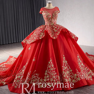 Gold Star Ruffle Wedding Dress with Cap Sleeve Quinceanera Gown - Rosymae