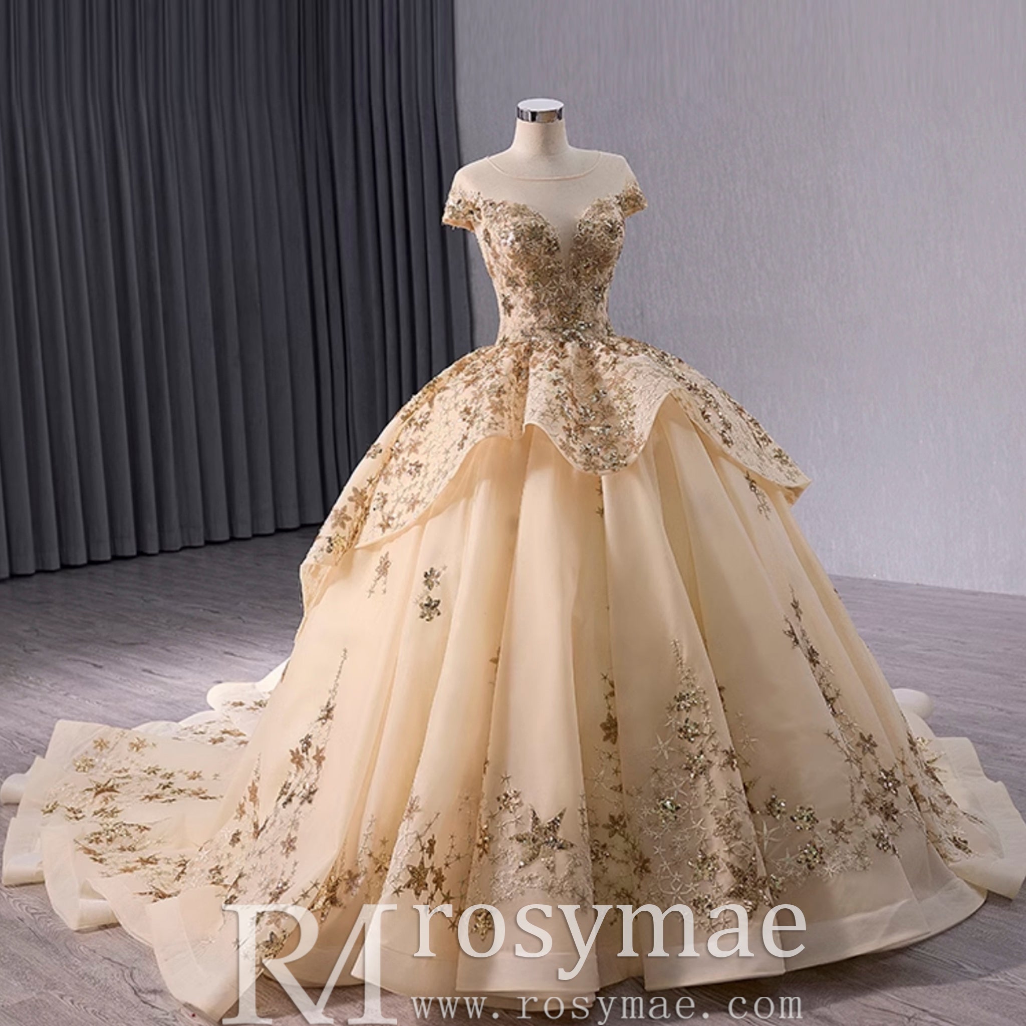 Gold Star Ruffle Wedding Dress with Cap Sleeve Quinceanera Gown - Rosymae
