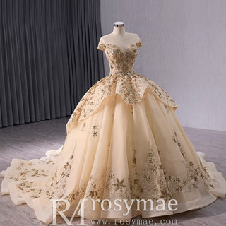Gold Star Ruffle Wedding Dress with Cap Sleeve Quinceanera Gown - Rosymae