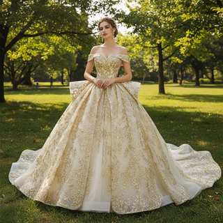 Vestido de novia vintage dorado con hombros descubiertos