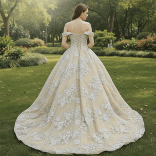 Golden Wedding Dress 3D Embroidery Lace Bridal Gowns - Rosymae