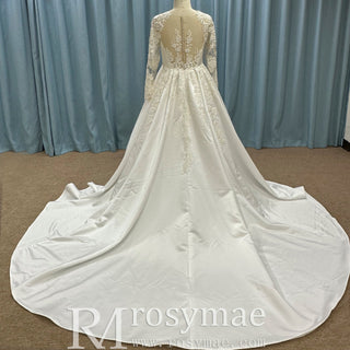 Gorgeous A-line Satin Wedding Dress with Long Sheer Sleeves - Rosymae