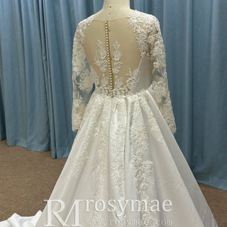 Gorgeous A-line Satin Wedding Dress with Long Sheer Sleeves - Rosymae