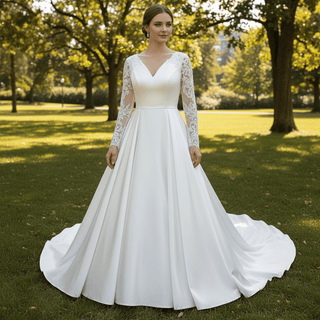 Gorgeous A-line Satin Wedding Dress with Long Sheer Sleeves - Rosymae