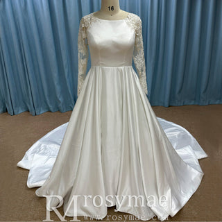Gorgeous A-line Satin Wedding Dress with Long Sheer Sleeves - Rosymae