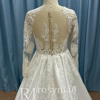 Gorgeous A-line Satin Wedding Dress with Long Sheer Sleeves - Rosymae