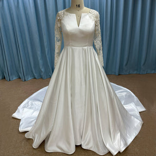 Gorgeous A-line Satin Wedding Dress with Long Sheer Sleeves - Rosymae