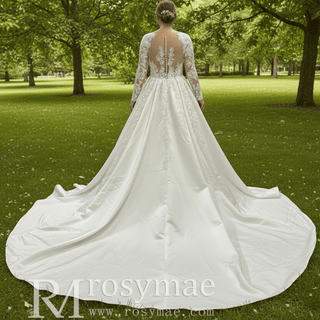 Gorgeous A-line Satin Wedding Dress with Long Sheer Sleeves - Rosymae