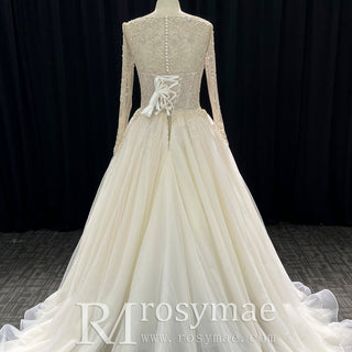 Gorgeous A Line Sheer Sleeves Wedding Dresses & Gowns for Elegant Bride - Rosymae