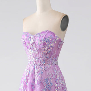 Gorgeous A Line Sweetheart Purple Party Dress with Sheer Bodice - Rosymae