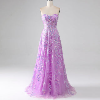 Gorgeous A Line Sweetheart Purple Party Dress with Sheer Bodice - Rosymae