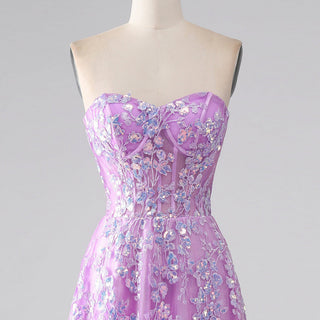 Gorgeous A Line Sweetheart Purple Party Dress with Sheer Bodice - Rosymae