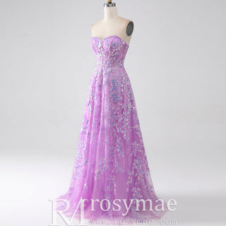 Gorgeous A Line Sweetheart Purple Party Dress with Sheer Bodice - Rosymae