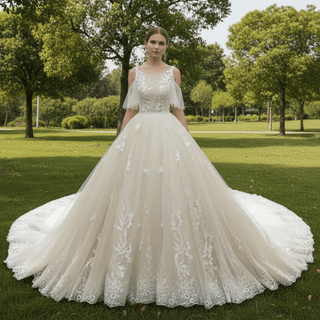Gorgeous Ball Gown Light Champagne Wedding Dress with Off the Shoulder - Rosymae