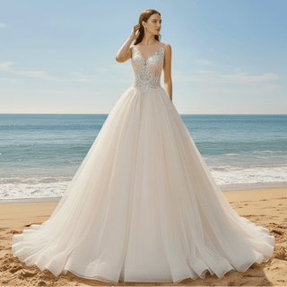 Gorgeous Ballgown V-neck Tulle Wedding Dress with Lace Appliques - Rosymae