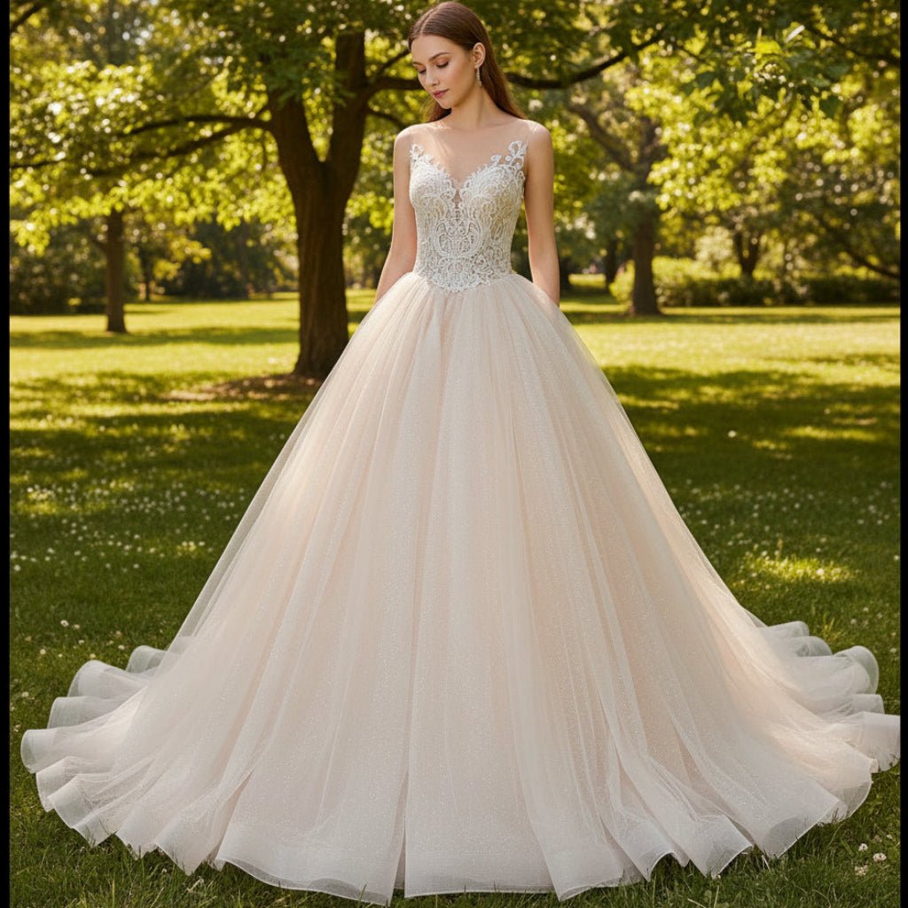 Gorgeous Ballgown V-neck Tulle Wedding Dress with Lace Appliques - Rosymae
