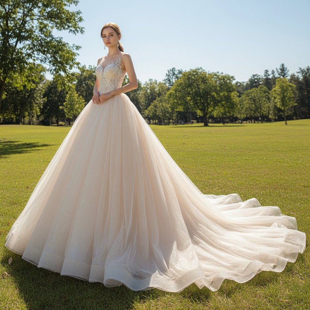 Gorgeous Ballgown V-neck Tulle Wedding Dress with Lace Appliques - Rosymae
