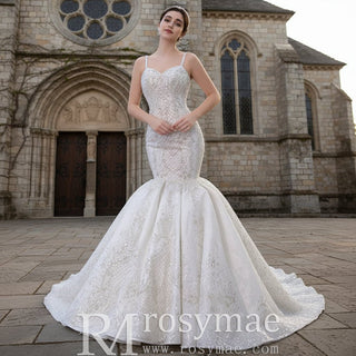 Gorgeous Beaded Lace Wedding Dress Mermaid Spaghetti Strap Bridal Gown - Rosymae