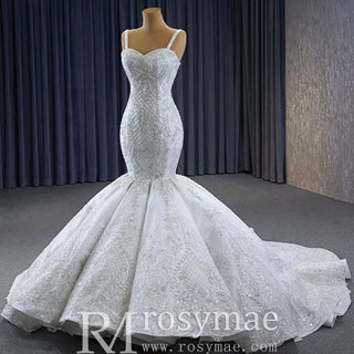 Gorgeous Beaded Lace Wedding Dress Mermaid Spaghetti Strap Bridal Gown - Rosymae